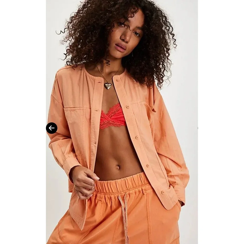 Free People Intimately Golden Hour House Shirt Melon Orange Cotton‎ Small NEW